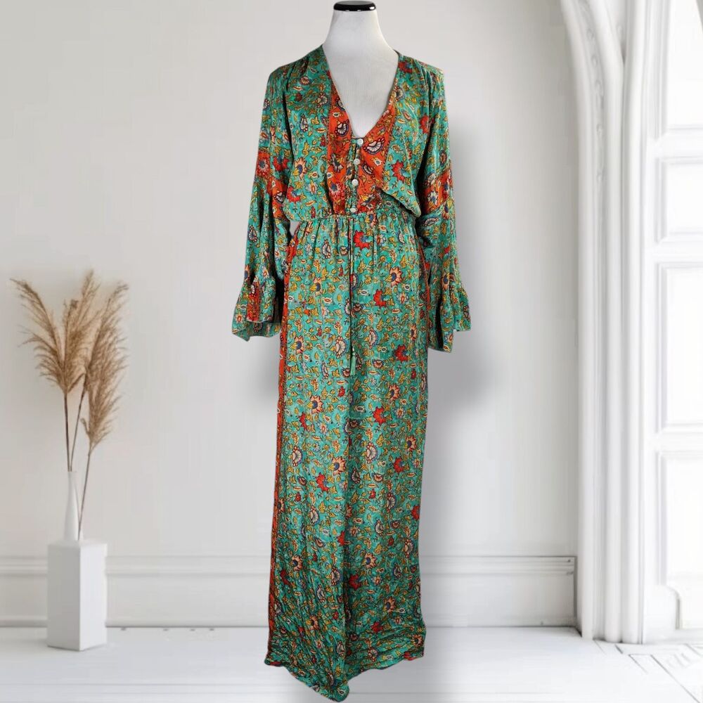 Karma Highway Ruffle Sleeve Wide Leg Jumpsuit OS Green Paisley Viscose Satin